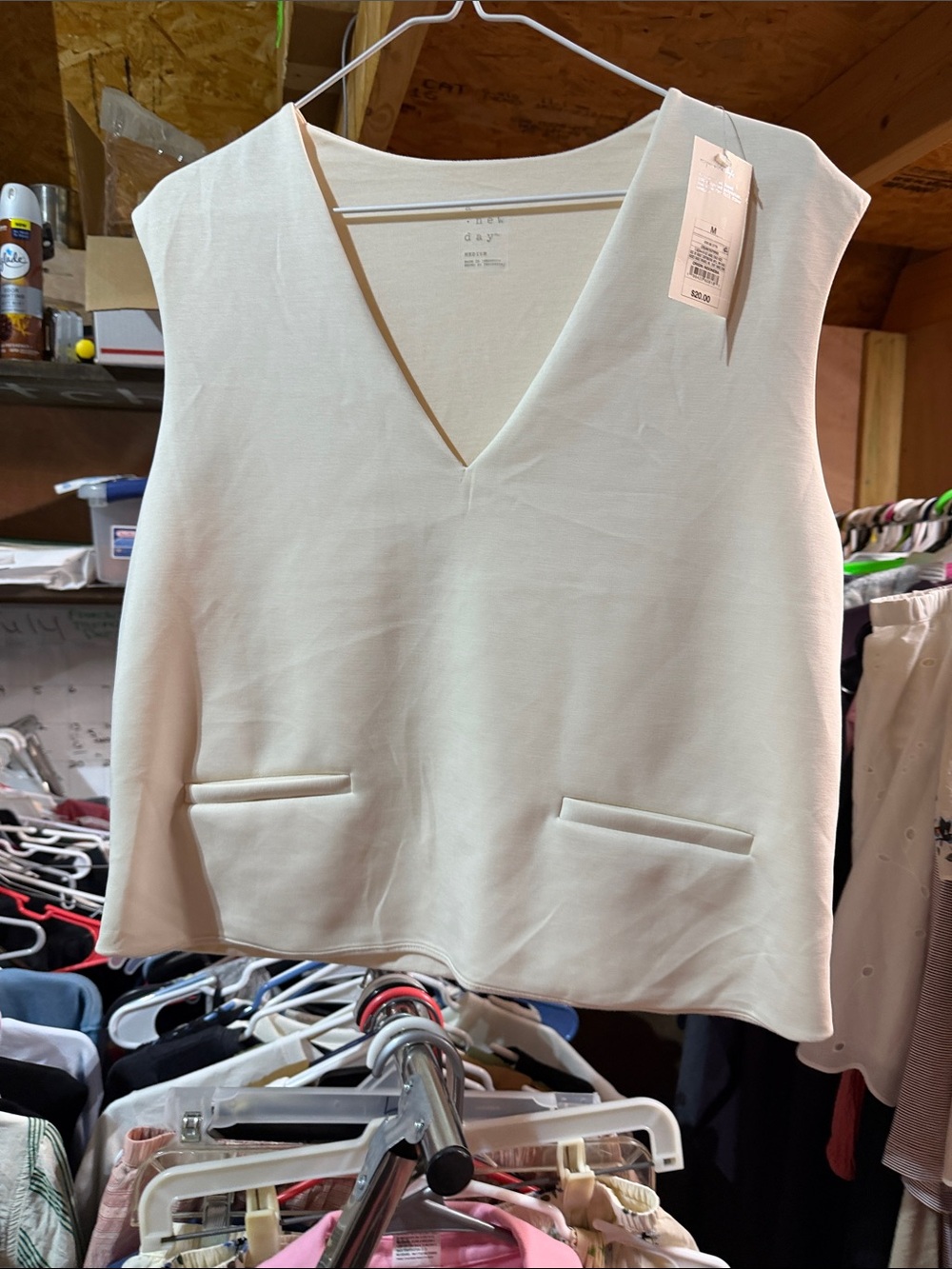 a new day Cream V-Neck Sleeveless Top with Front Welt Pockets
